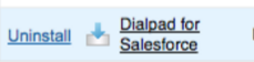 Close-up screenshot showing the 'Uninstall' link next to the 'Dialpad for Salesforce' package name.