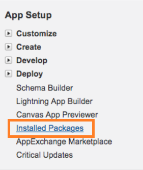 Screenshot of the Salesforce 'App Setup' sidebar menu with an orange box highlighting the 'Installed Packages' link listed under 'Deploy'.