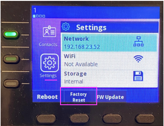 Factory reset soft key on the desk phone