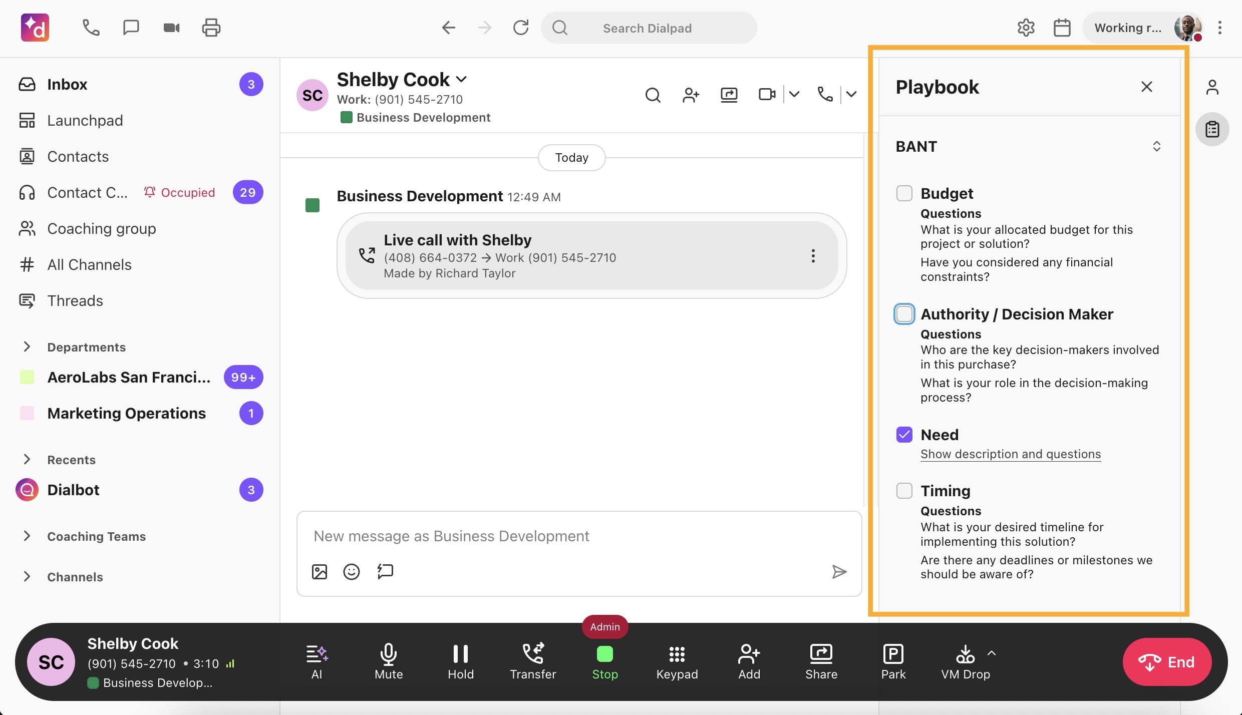Dialpad live call interface with the active call details on the left and an AI Playbook panel on the right displaying real-time step-by-step prompts for sales reps.