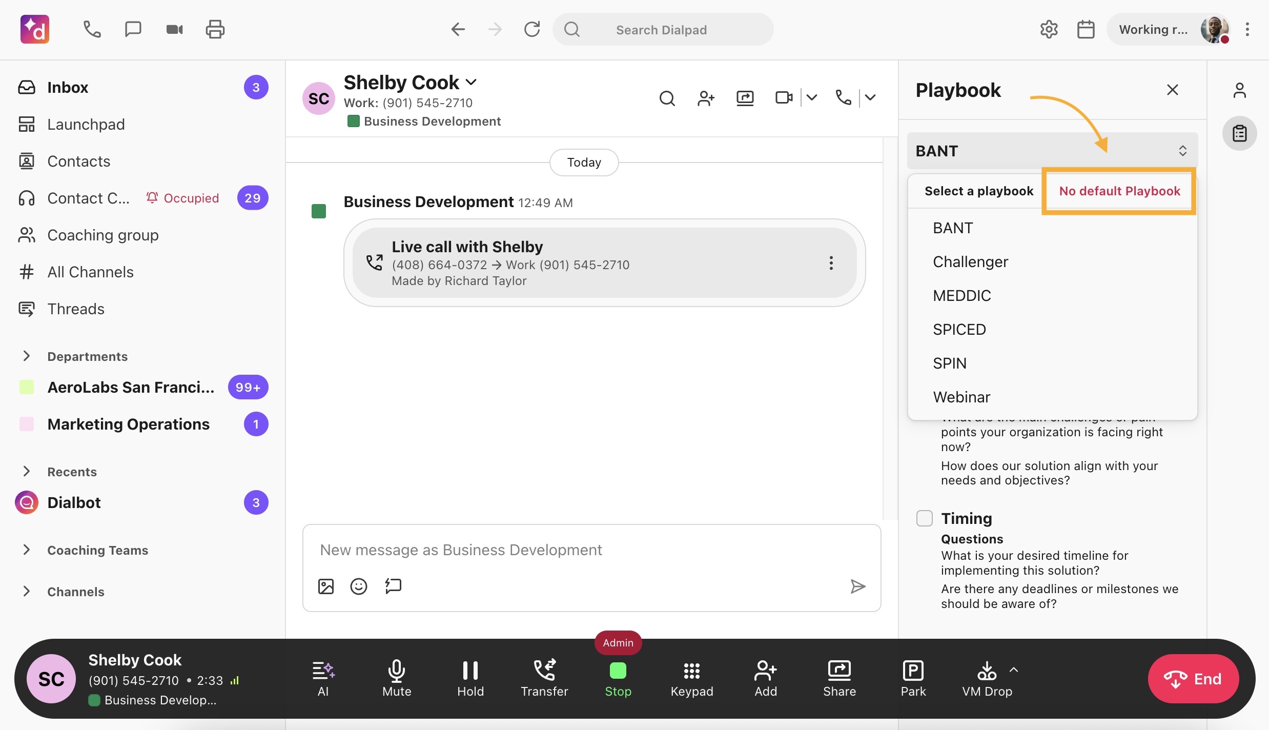 Dialpad live call Playbook panel showing a drop-down menu that allows agents to switch to a different assigned playbook or select 'No default playbook' mid-call.