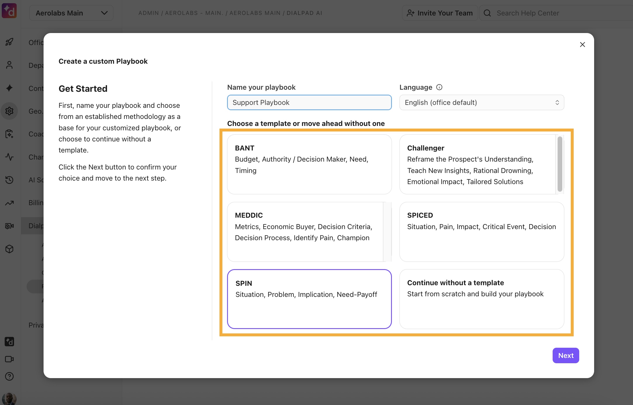 Dialpad 'Create Playbook' setup screen displaying options to 'Use a default template' (like BANT, SPIN, or MEDDIC) or 'Create from scratch'.