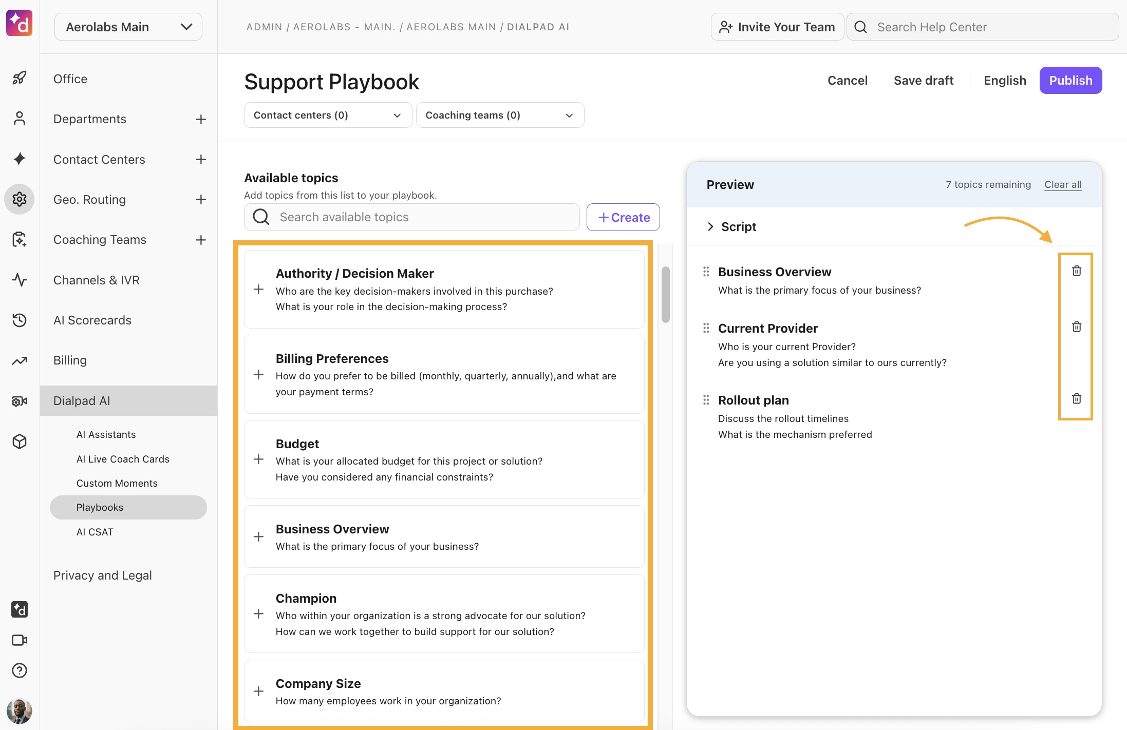 Playbook setup page showing pre-loaded template topics with fields to edit the playbook name, a '+ Create' button to add topics, and trash icons to remove topics.