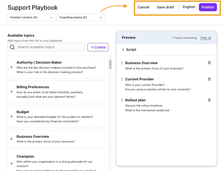 Playbook setup page showing pre-loaded template topics with fields to edit the playbook name, a '+ Create' button to add topics, and trash icons to remove topics.