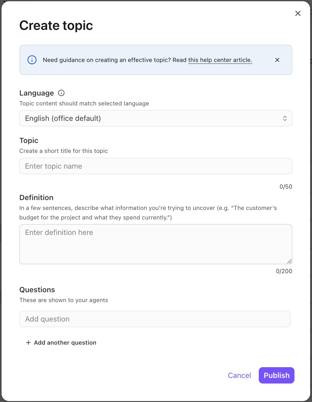 Create Topic pop-up