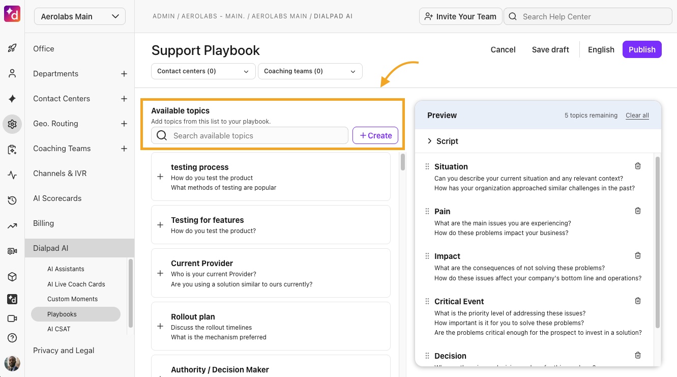 Dialpad Admin Settings under 'Dialpad AI > Playbooks' on a Playbook, highlighting the 'Available Topic' section.