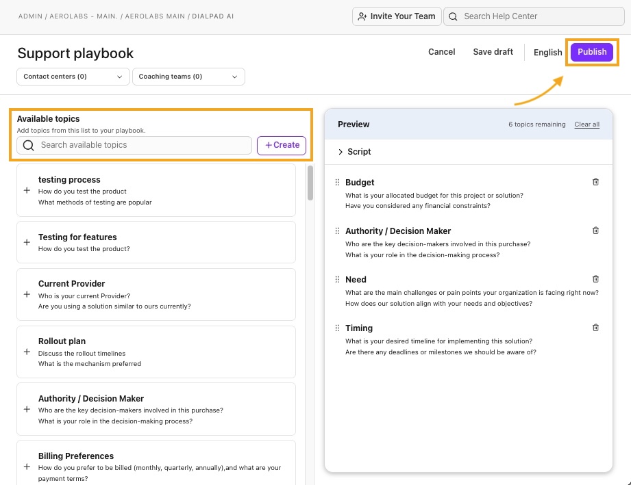 Playbook setup page showing pre-loaded template topics with fields to edit the playbook name, a '+ Create' button to add topics, and trash icons to remove topics.