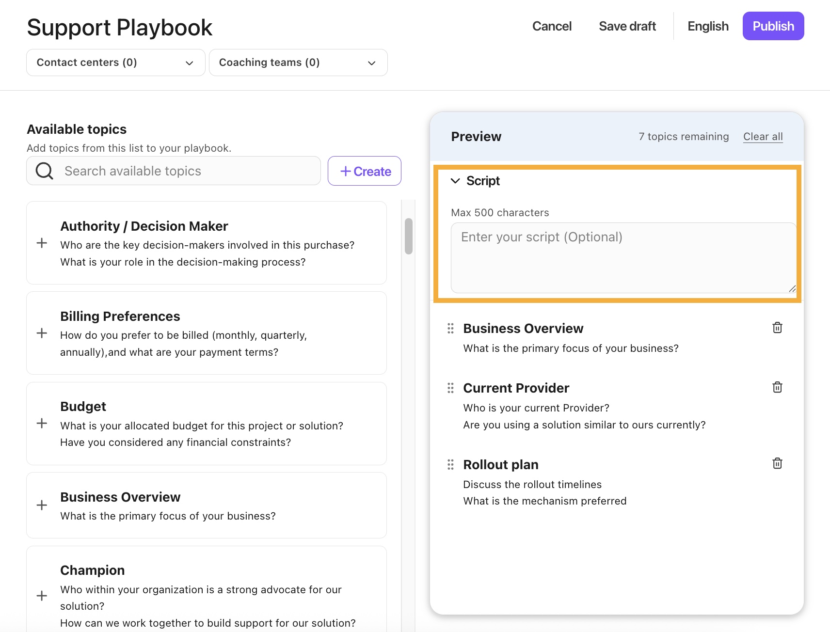 Playbook setup page showing pre-loaded template topics with fields to edit the playbook name, a '+ Create' button to add topics, and trash icons to remove topics.