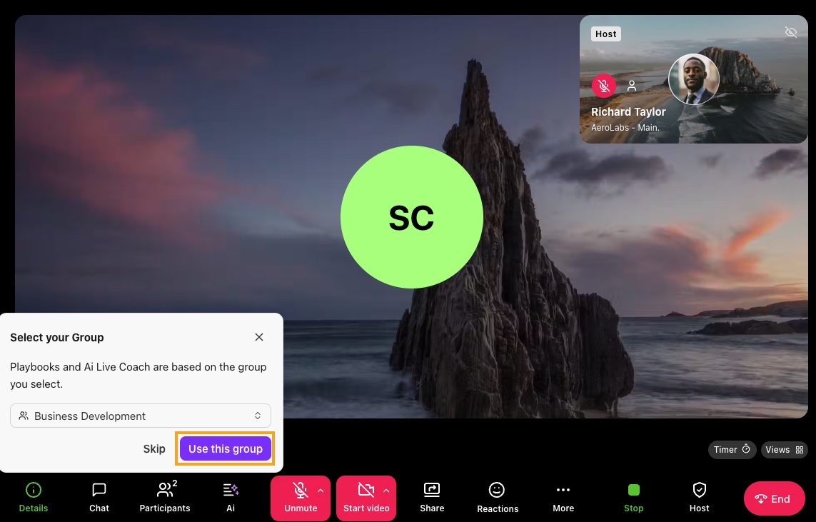Screenshot of a Dialpad Meeting with Use this group button highlighted.