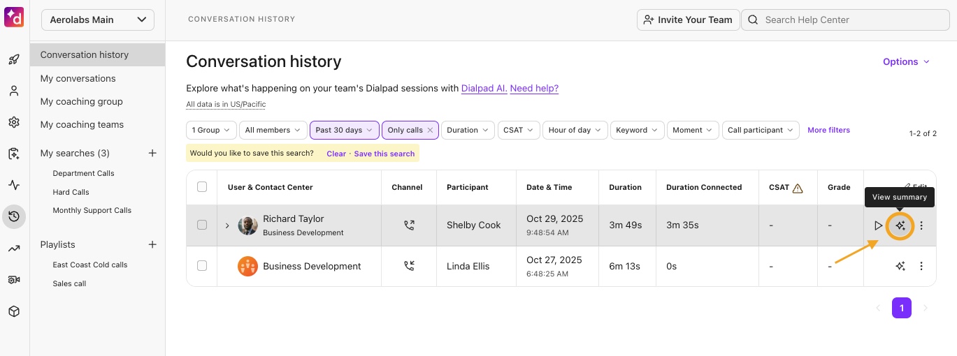 Dialpad Conversation History highlighting the View Summary icon.