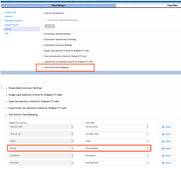 Screenshot of the Dialpad Setup Manager Settings page in Salesforce, featuring red boxes highlighting the 'Call Activity Field Mapping' section header and an individual mapping row mapping the 'Phone' Dialpad Call Log Field to the 'PhoneNumber' Task Field.
