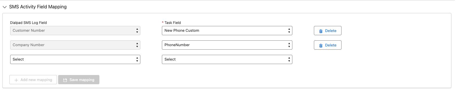 Screenshot of the Dialpad 'SMS Activity Field Mapping' section in Salesforce Setup Manager, displaying dropdown fields to map Dialpad SMS Log Fields to corresponding Task Fields alongside '+ Add new mapping' and 'Save mapping' buttons.
