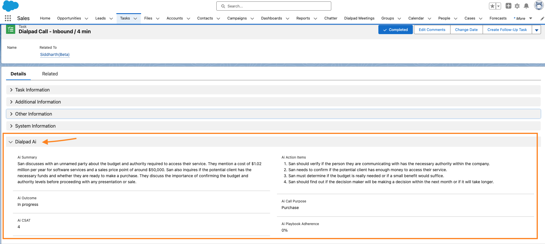Screenshot of a Salesforce Task page record titled 'Dialpad Call - Inbound / 4 min', featuring an orange box and arrow highlighting the 'Dialpad Ai' section, which displays fields for Ai Summary, Ai Action Items, Ai Outcome, Ai Call Purpose, Ai CSAT, and Ai Playbook Adherence.