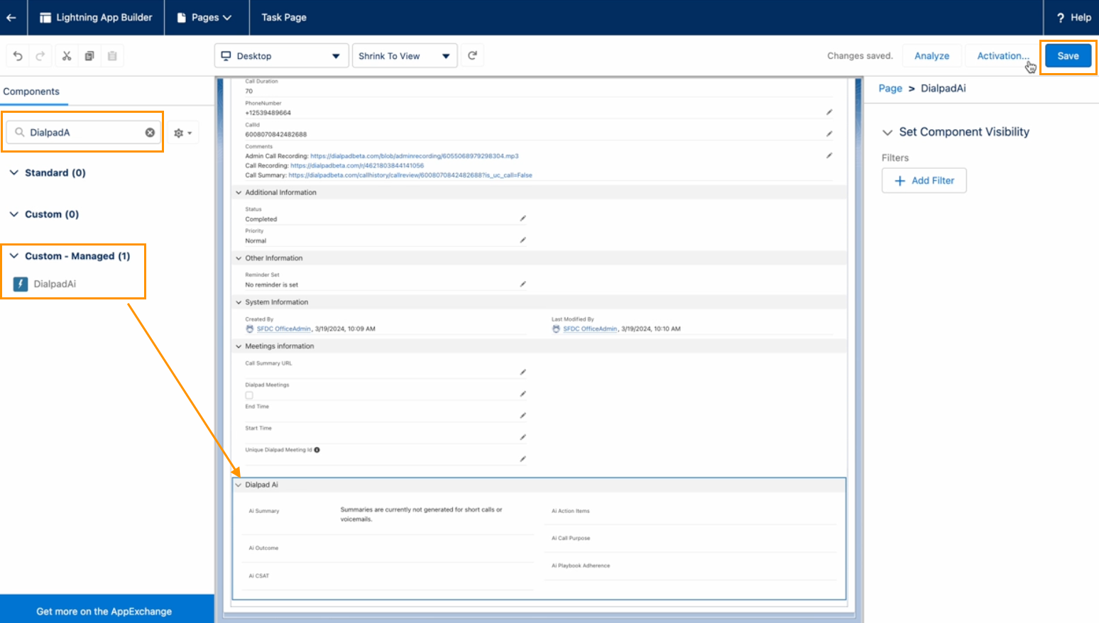 Screenshot of the Salesforce Lightning App Builder editing a Task page layout, with orange boxes highlighting the search bar with 'DialpadA' entered, the 'DialpadAi' component listed under 'Custom - Managed', the blue 'Save' button in the top-right corner, and an arrow pointing to the 'Dialpad Ai' section component added to the page canvas.
