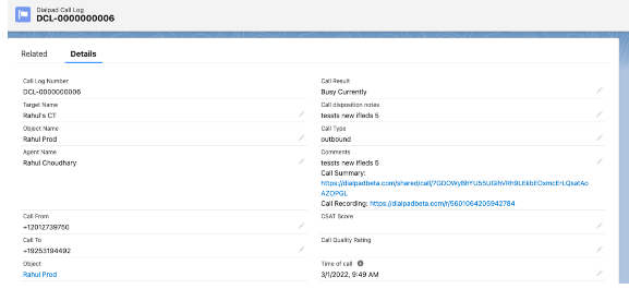 Screenshot of a Salesforce 'Dialpad Call Log' custom object record (DCL-0000000006) under the Details tab, showing call fields such as Call Log Number, Target Name, Agent Name, Call From/To, Call Result, Call Type, Comments, and Time of call.