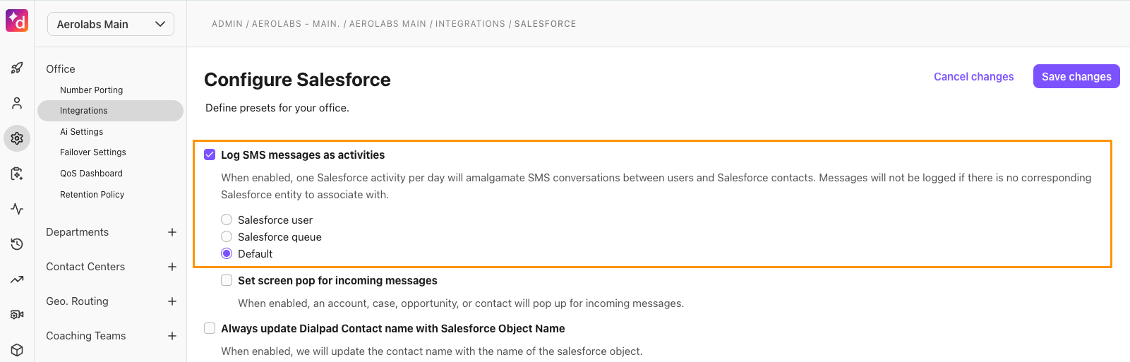 Screenshot of the Dialpad 'Configure Salesforce' office page featuring an orange box highlighting the checked 'Log SMS messages as activities' setting and its assignment options.