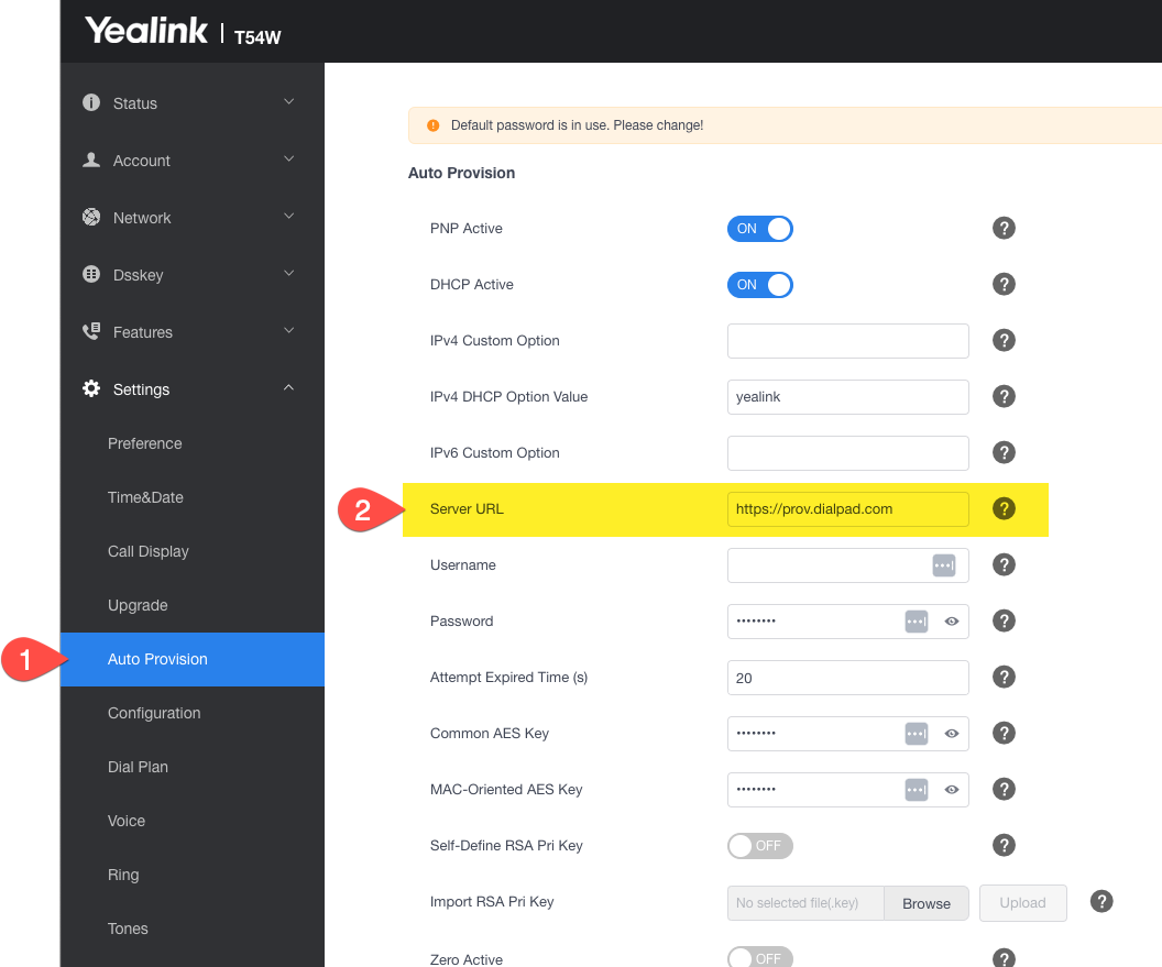 Yealink provisioning screen