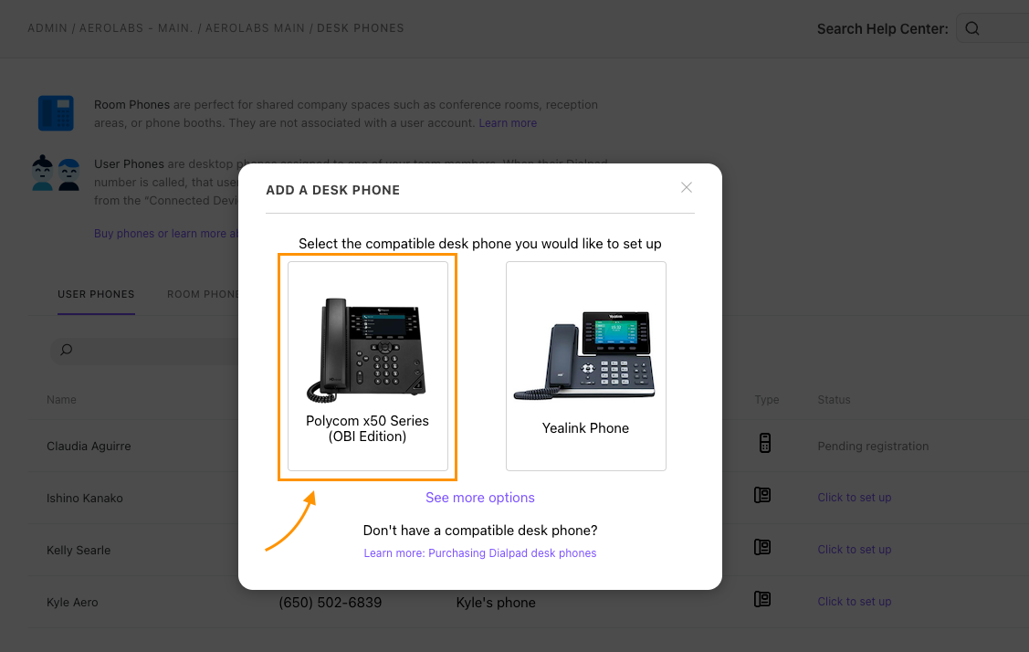 Screen to select the phone type
