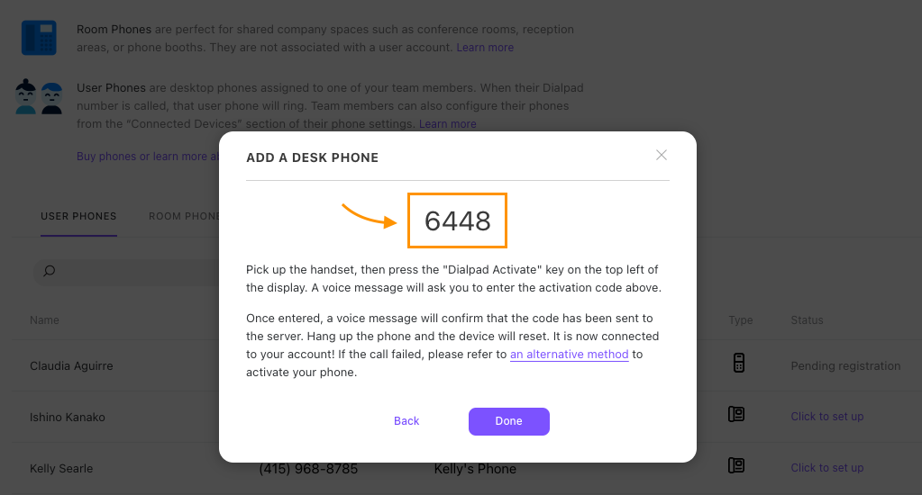 Screen showing to activation code