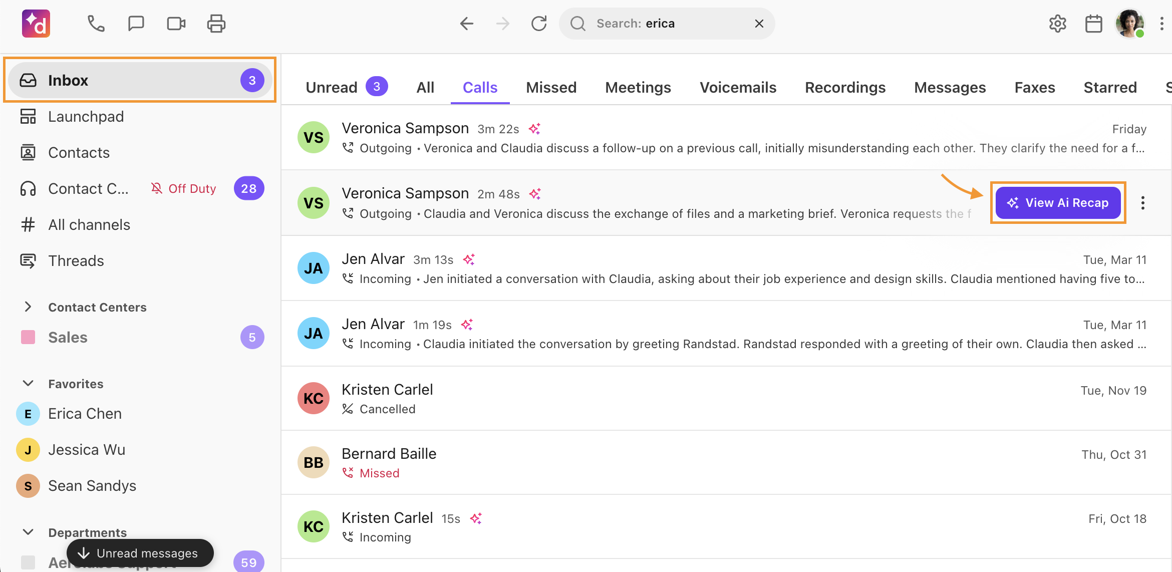 Dialpad Inbox highlighting a sparkled AI icon located the right side used to open the call's AI Recap page.