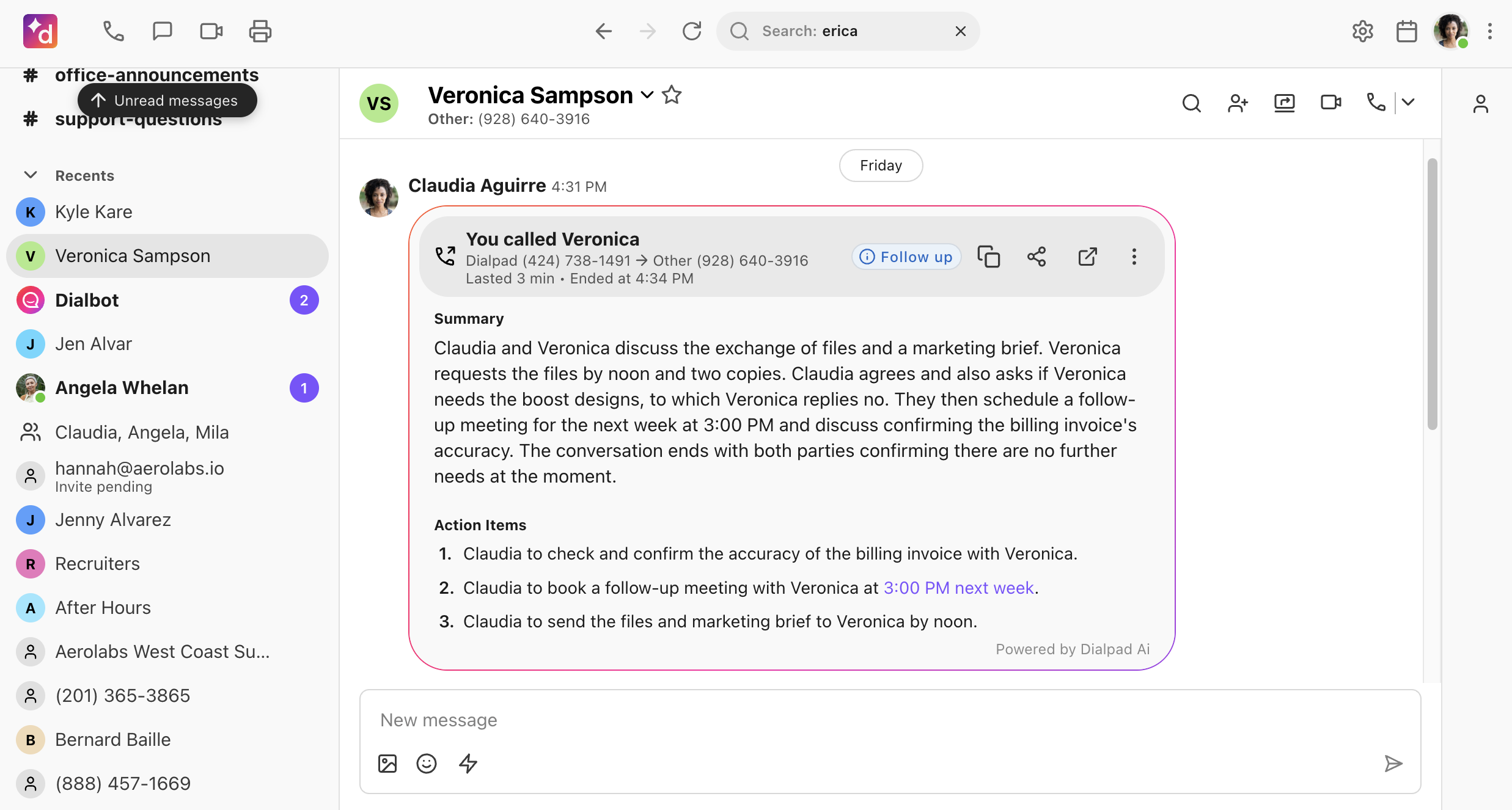 Dialpad Admin Portal Conversation History table listing completed calls, highlighting a sparkled AI icon located next to a specific call entry used to open the call's AI Recap page.