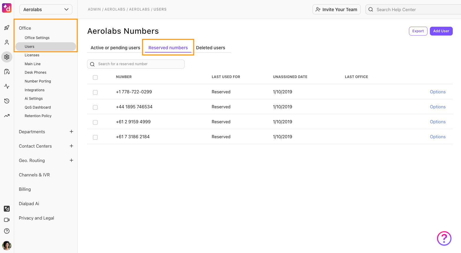 Dialpad Admin Settings page showing the 'Reserved numbers' tab under Office > Users, displaying unassigned phone numbers in the pool, the office location, the user who last held each number, and the unassignment date.