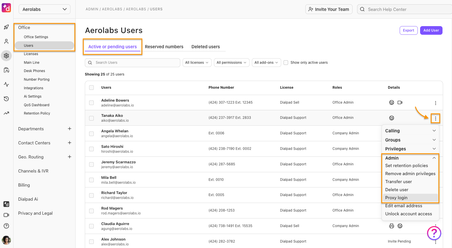 Dialpad Active Users list with the 'Options' menu expanded next to a specific user, highlighting the 'Admin > Proxy Login' selection.