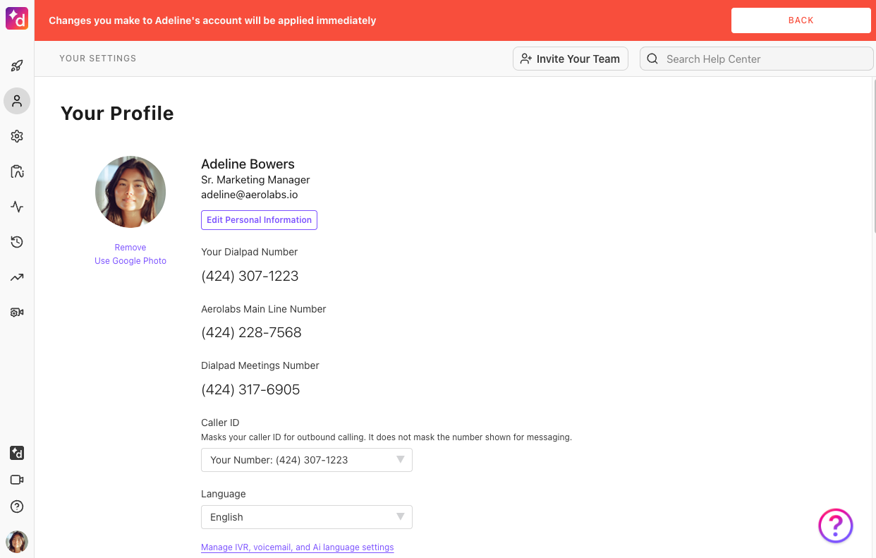 Dialpad profile settings screen displaying a prominent top red banner that reads 'Changes you make to [User's] account will be applied immediately' along with a Back button to exit the proxy session.
