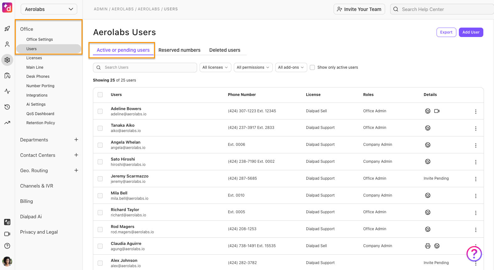 Dialpad Admin Settings screen under Office > Users with the 'Active or pending users' tab highlighted, displaying a searchable list of users with details including names, email addresses, phone numbers, license types, and admin roles.