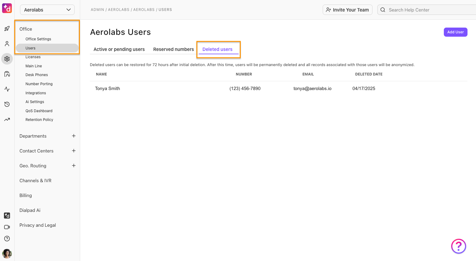 Dialpad Admin Settings screen showing the 'Deleted users' tab, displaying a list of user accounts deleted within the last 72 hours alongside restoration options prior to permanent anonymization.
