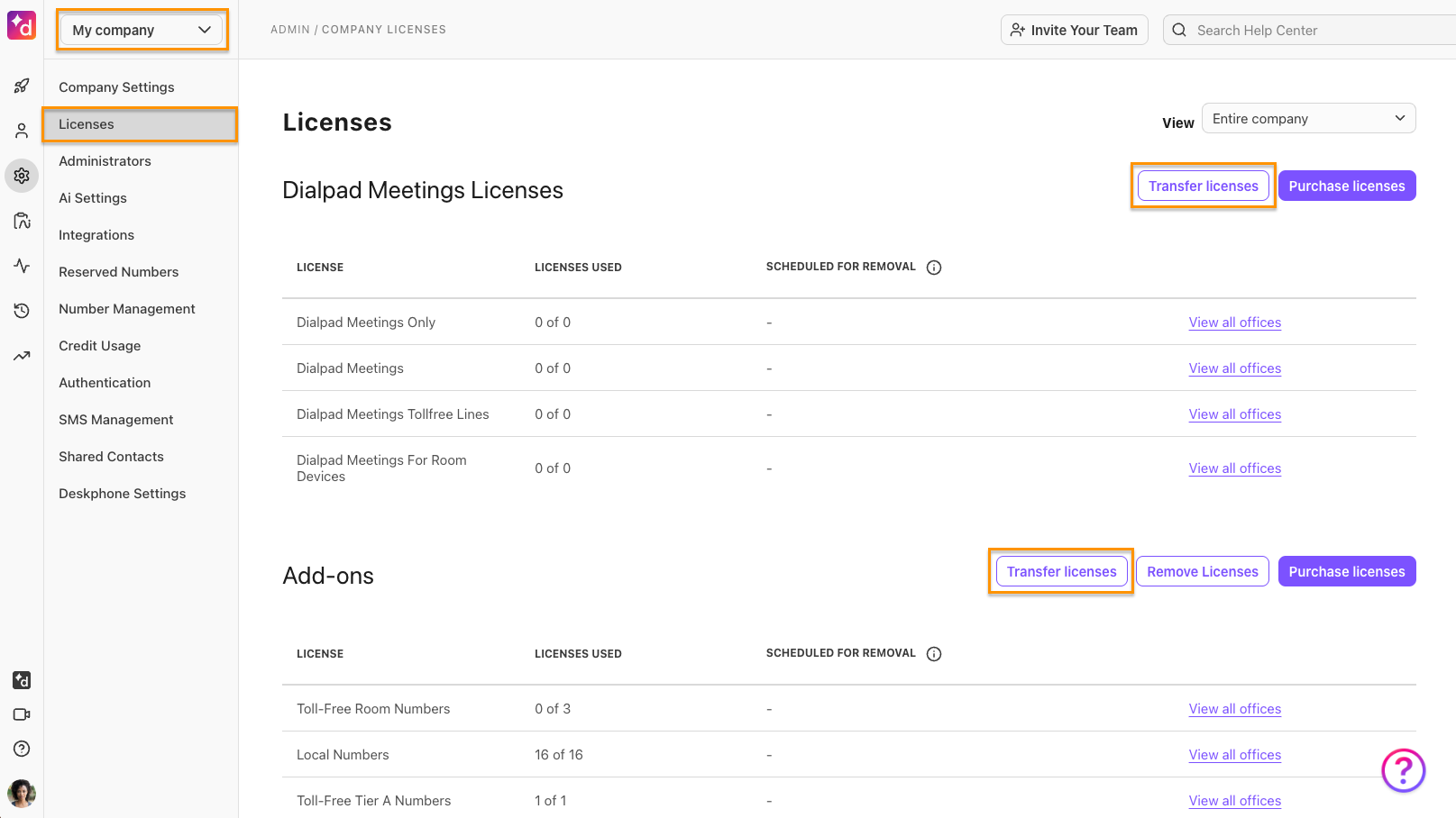 Dialpad Company Settings page under the Licenses section, displaying available license categories (Dialpad, Dialpad Meetings, Add-ons) and highlighting the 'Transfer Licenses' button.