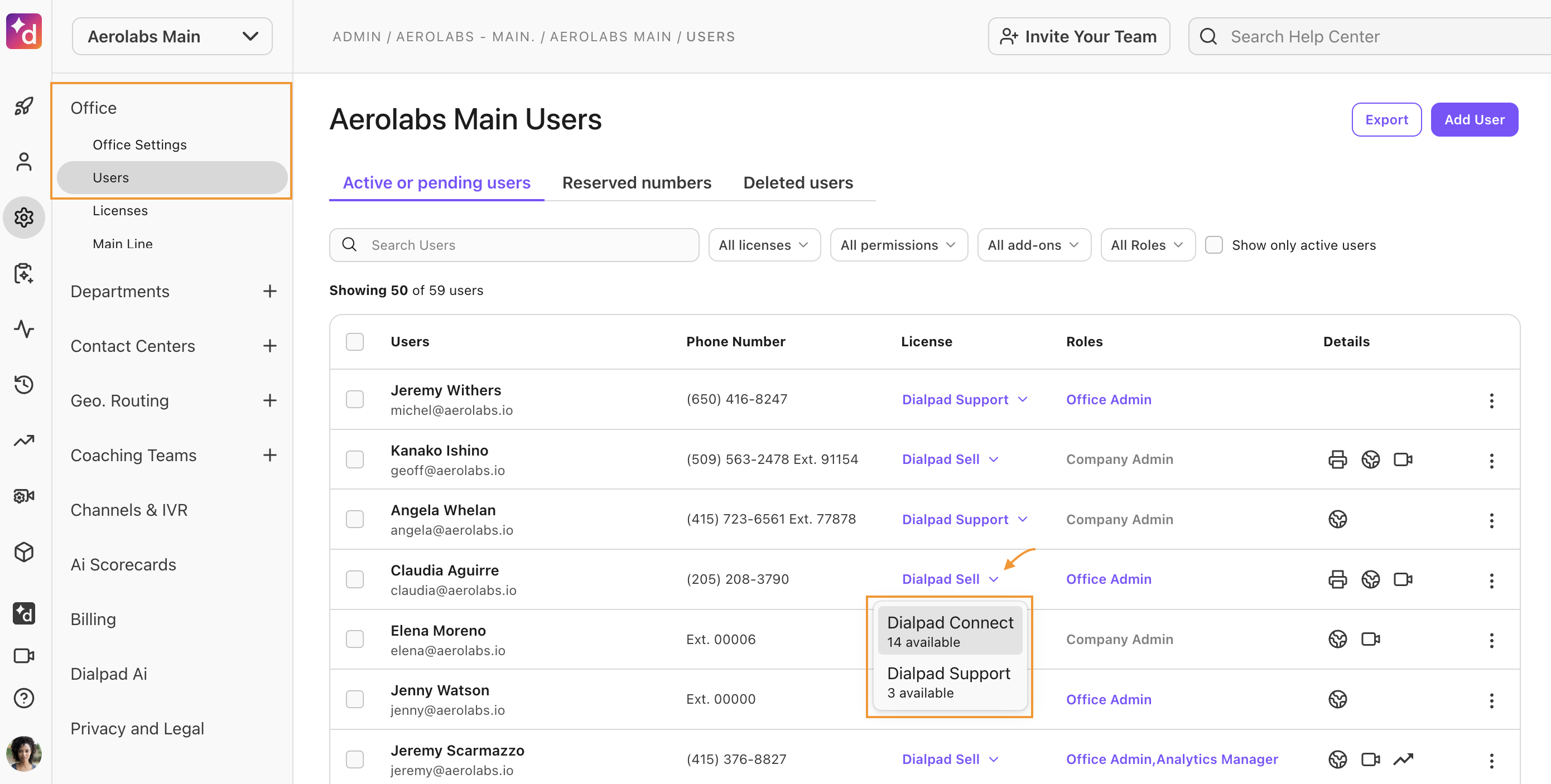Dialpad Users table highlighting the drop-down selector next to an individual user's assigned license type (such as Connect, Sell, or Support) to initiate a license swap.
