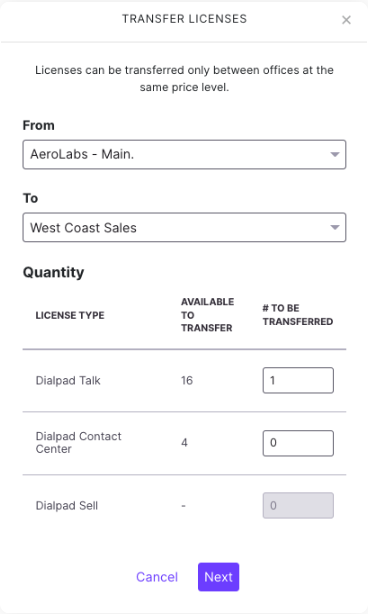 Pop-up modal for transferring licenses, featuring drop-down menus to select the destination office and input fields to specify the quantity and type of unassigned licenses to move.
