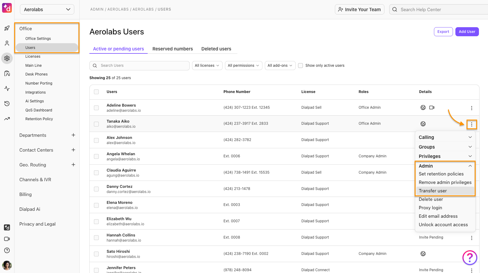 Dialpad Users list with the action menu open for a user account, highlighting the 'Admin > Transfer user' menu path.