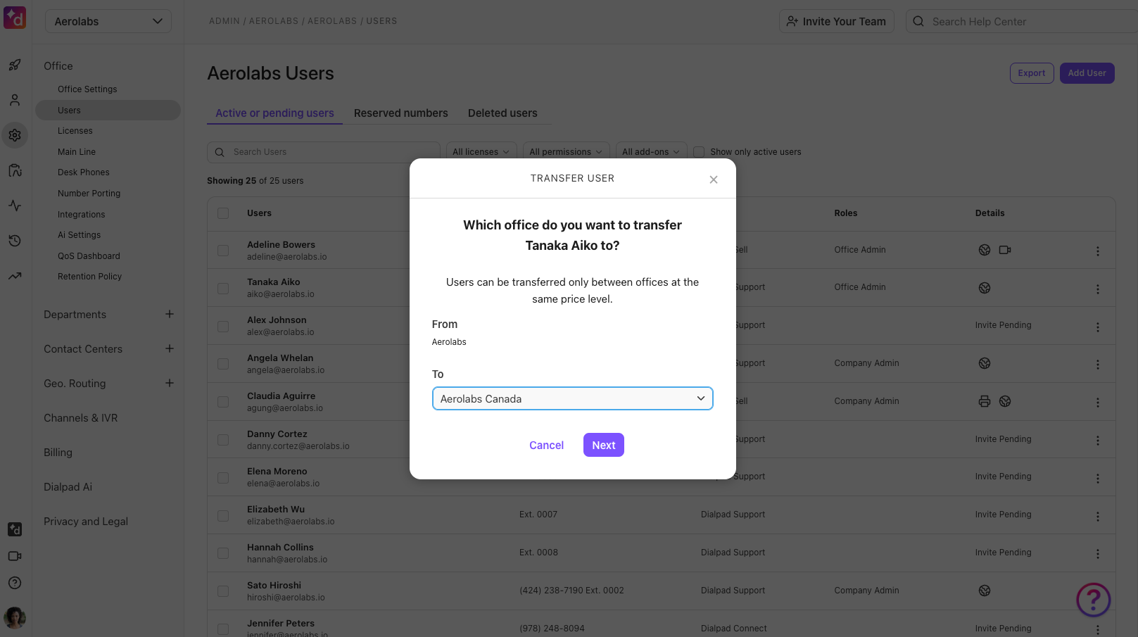 Pop-up window prompting the administrator to choose a target destination office from a drop-down list to complete the user transfer.