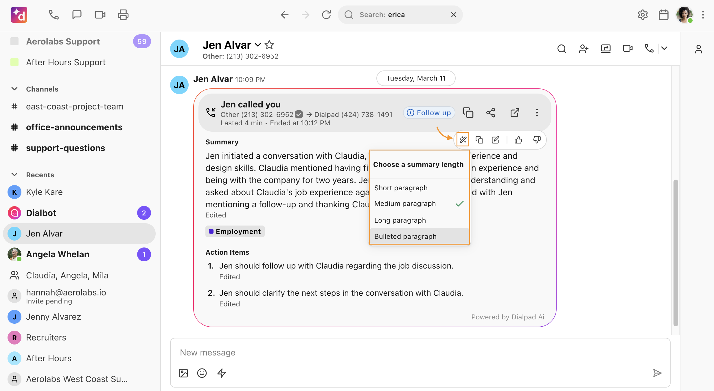 Close-up of the AI Recap summary header showing the cursor hovering over a magic pencil icon, which opens a popup menu with formatting options including 'Concise', 'Detailed', and 'Bulleted paragraph'.