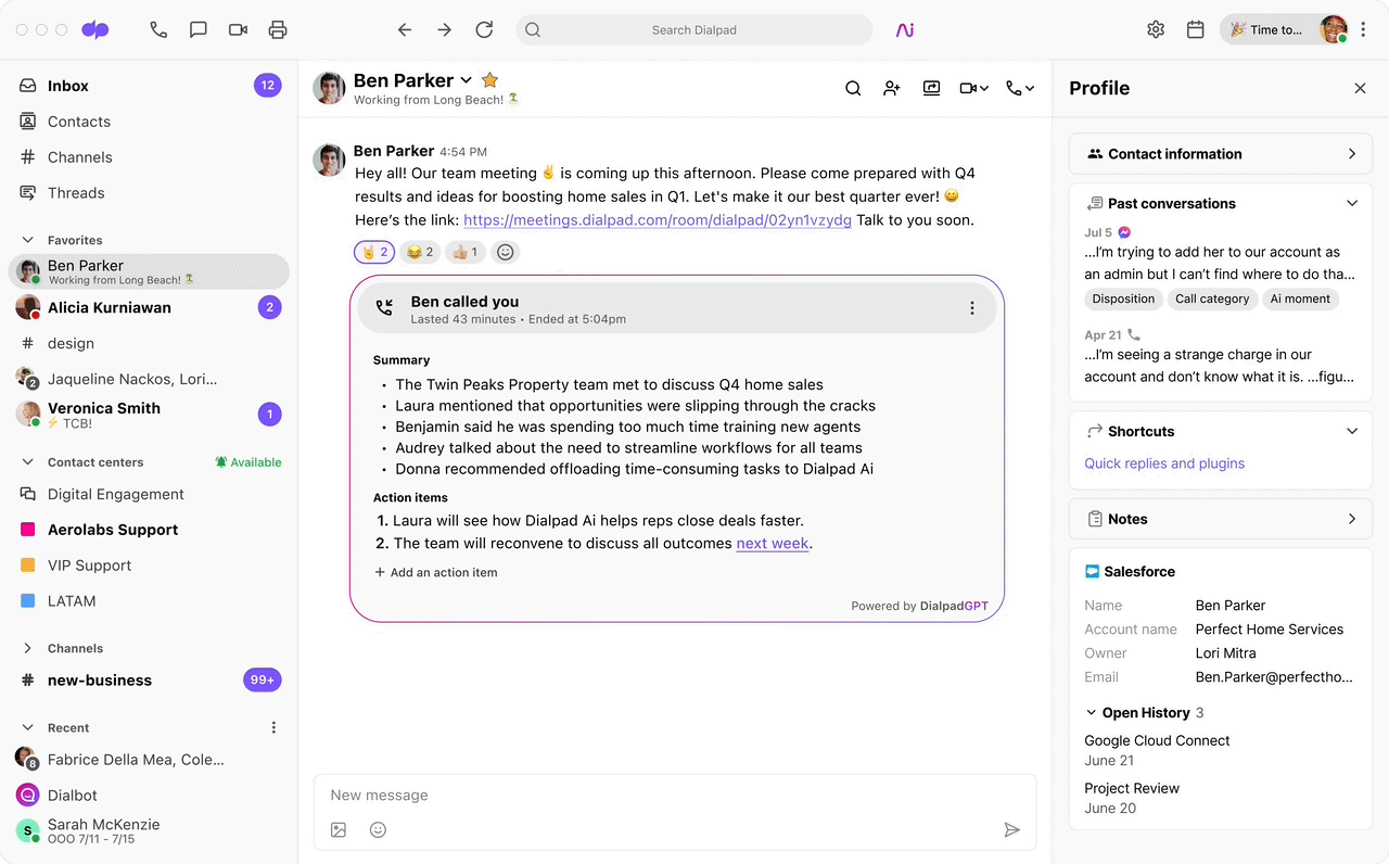 Dialpad AI Action Item block showing a highlighted calendar event link next to a detected task, opening a prompt to select Google Calendar, Office365, or iCal to pre-fill event details.