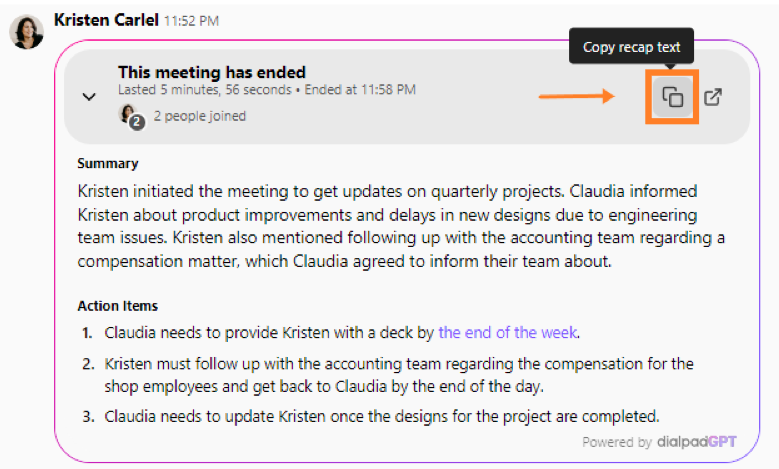 Dialpad desktop app AI Recap. Highlighting the Copy Recap text option