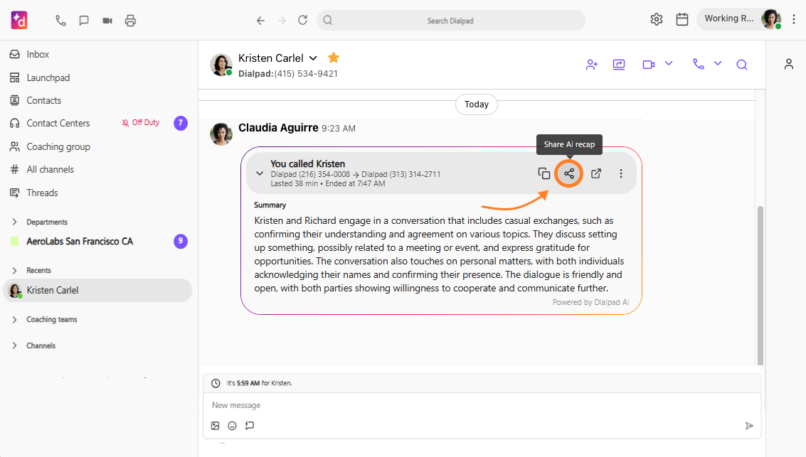 Dialpad desktop app conversation view highlighting the 'Share AI Recap' button, which opens a sharing window to select recipients, configure visibility settings, and copy the generated link.