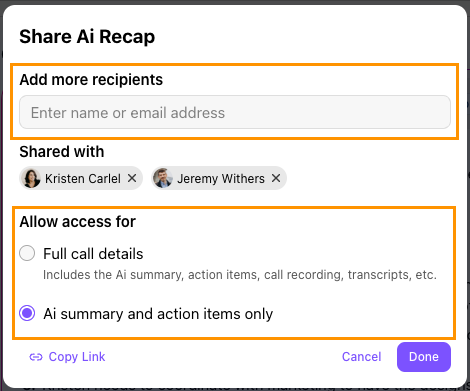 Share AI Recap pop-up option