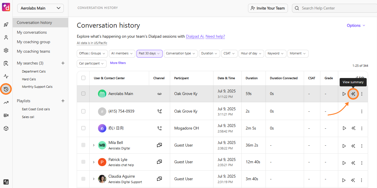 Dialpad Admin Portal Call Review page showing the view summary icon selected.