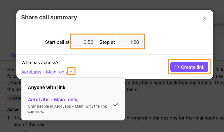 Dialpad Admin Portal Call Review page showing the Share icon selected, bringing up a modal with options to choose which parts of the call to include, set view permissions, and click 'Create link'.