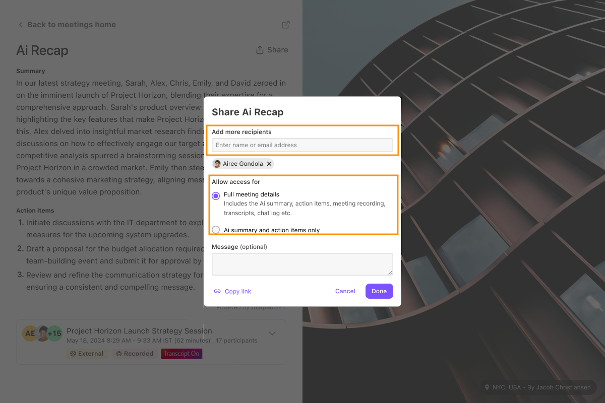 Share AI Recap options pop-up