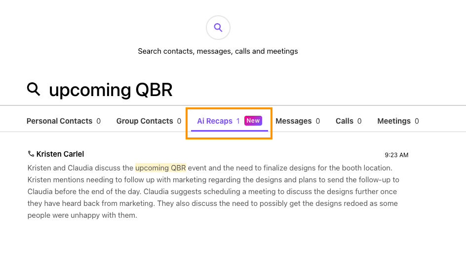 Dialpad App search in AI Recaps tab.