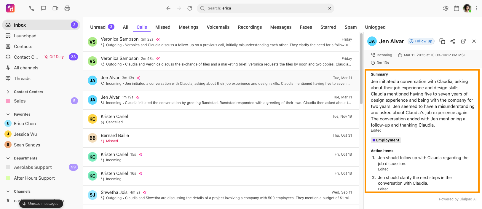Dialpad App Inbox with side bar pop-out of the highlighted AI Recap Summary