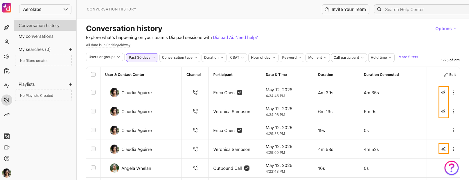 Dialpad App Conversation History table listing completed calls, highlighting a sparkled AI icon located next to a specific call entry used to open the call's AI Recap page.
