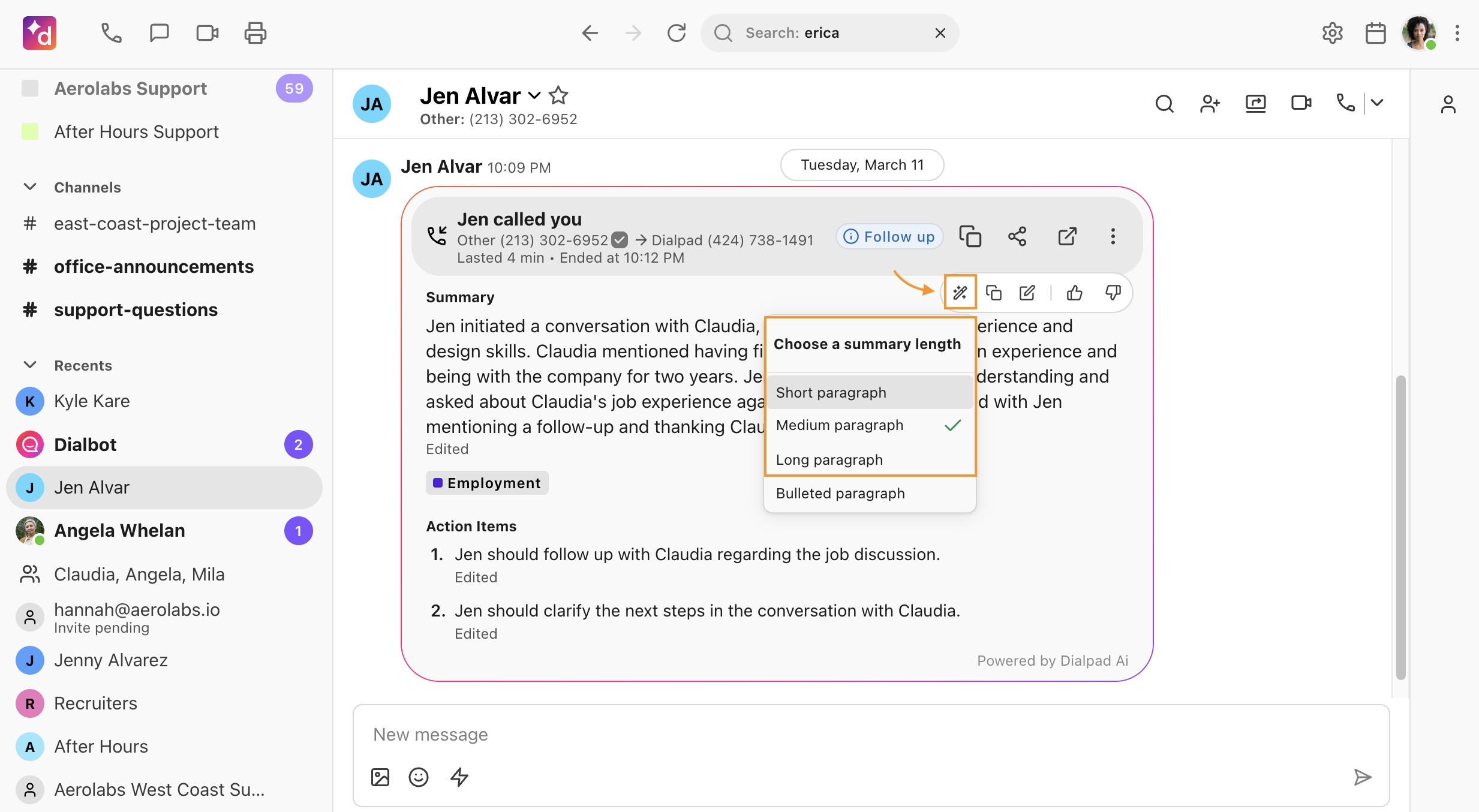 Close-up of the AI Recap summary header showing the cursor hovering over a magic pencil icon, which opens a popup menu with formatting options including 'Concise', 'Detailed', and 'Bulleted paragraph'.