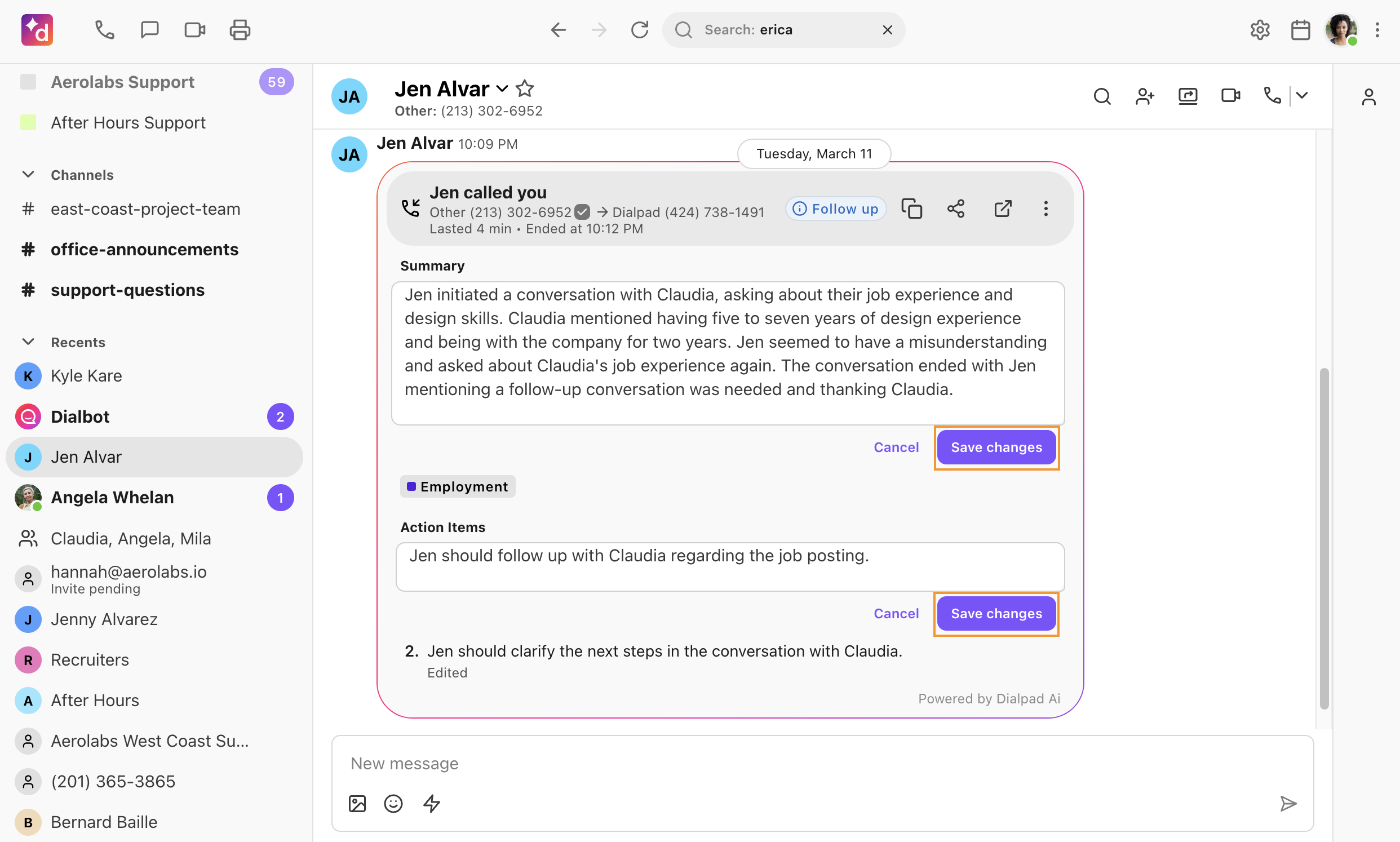 AI Recap interface displaying an active text editing box over the call summary text, featuring an inline edit pencil icon, text editing tools, and a highlighted 'Save changes' button.