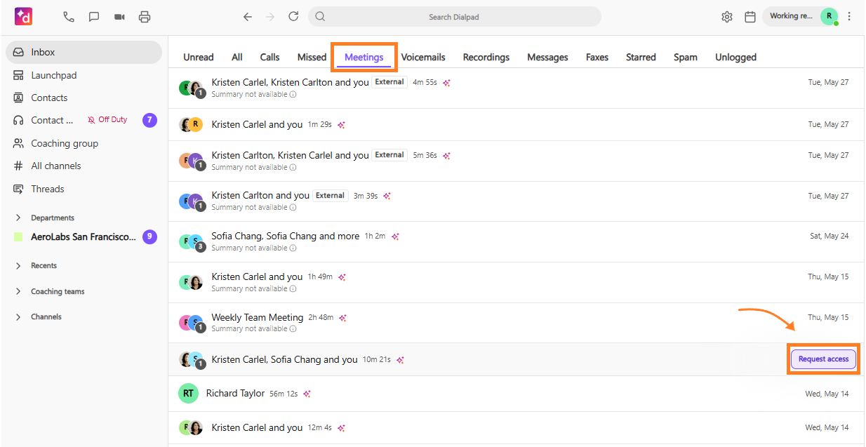 Dialpad App Meetings tab with Request Access button highlighted.
