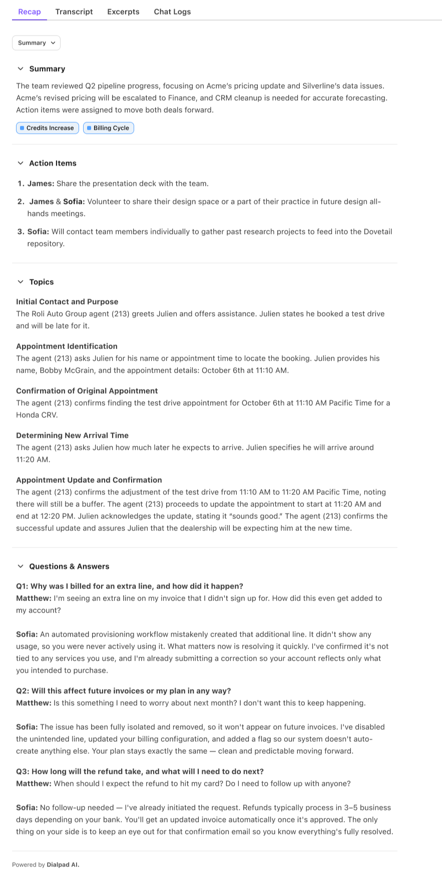 Deep Summary page featuring four tabs of Recap, Transcript, Excerpts, Chat Logs